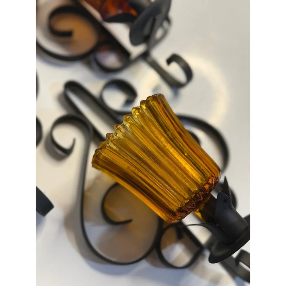 VTG Homco Wall Sconce Candle Holders Amber Hobnail Ribbed Glass‎ Black Metal X 3